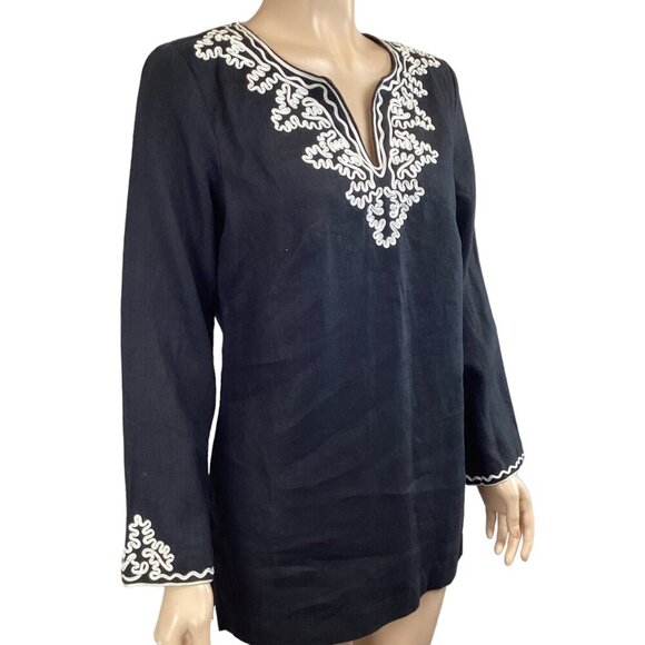 Madison Embroidered Black 100% Linen Tunic Top Small Long Sleeve‎ Black - Picture 5 of 7